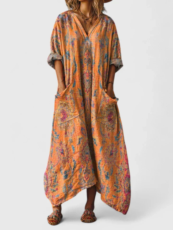 V-Neck Maxi Dress with Three-Quarter Sleeves and Pockets for Women – Cabot Cove