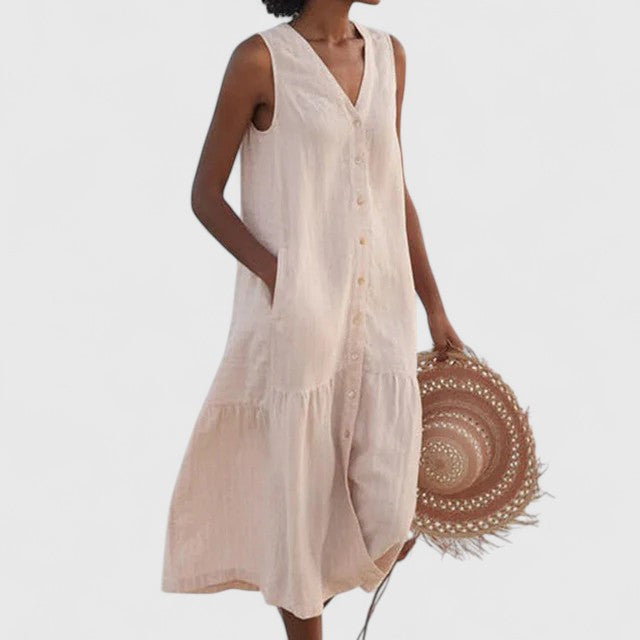 Sleeveless Linen Button-Front Dress for Women