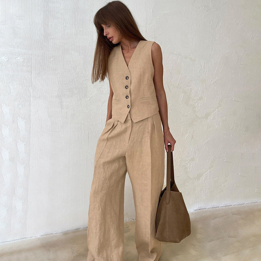 Linen Two-piece Set with Gilet and Trousers for Women