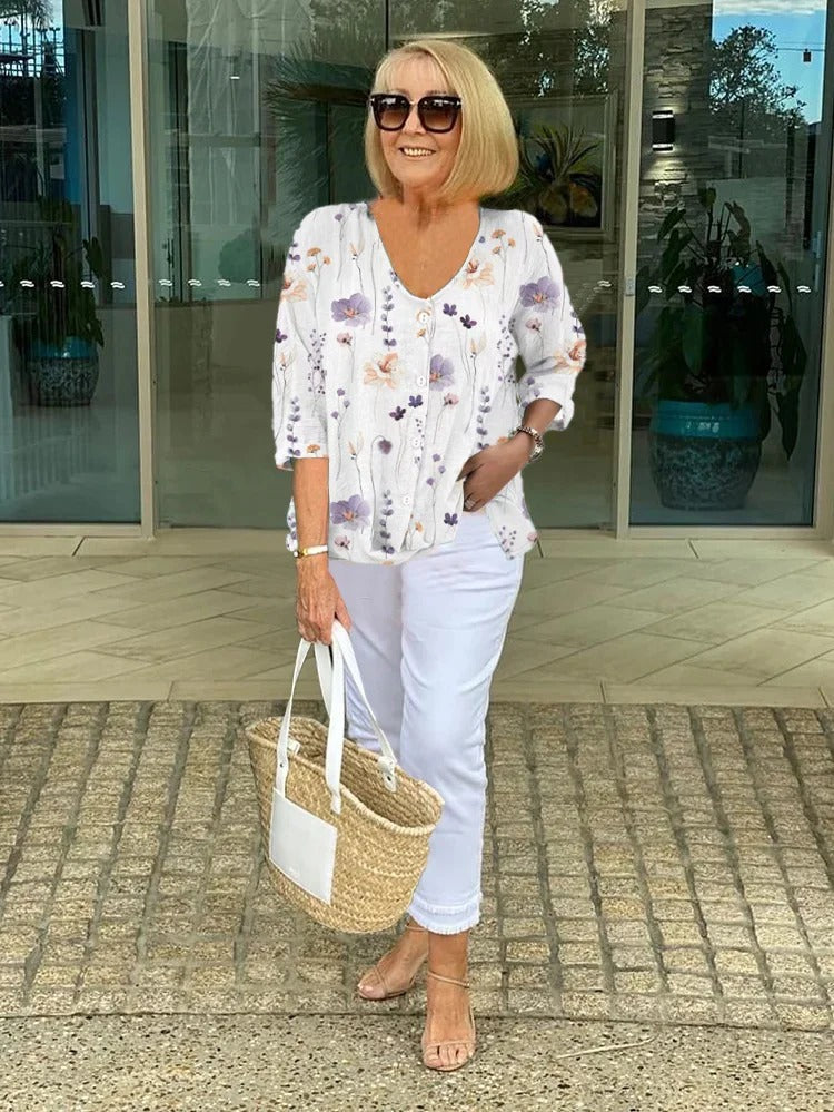 Floral Three-Quarter Sleeve V-Neck Blouse for Women