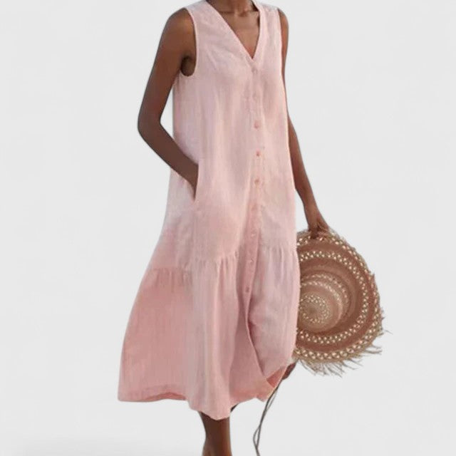 Sleeveless Linen Button-Front Dress for Women