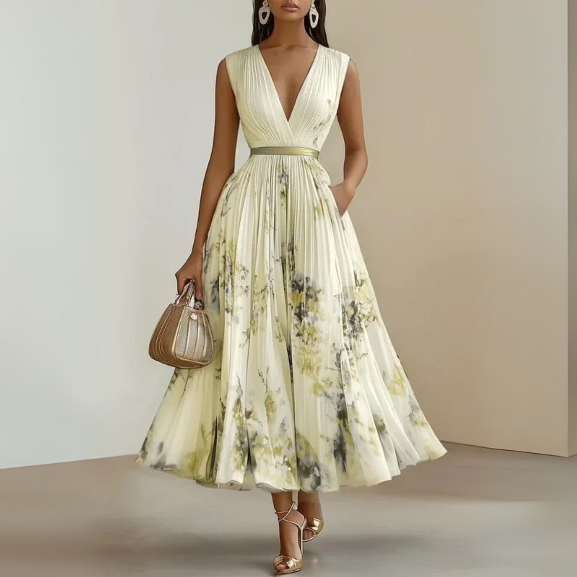 Pleated Sleeveless V-Neck Maxi Dress for Women
