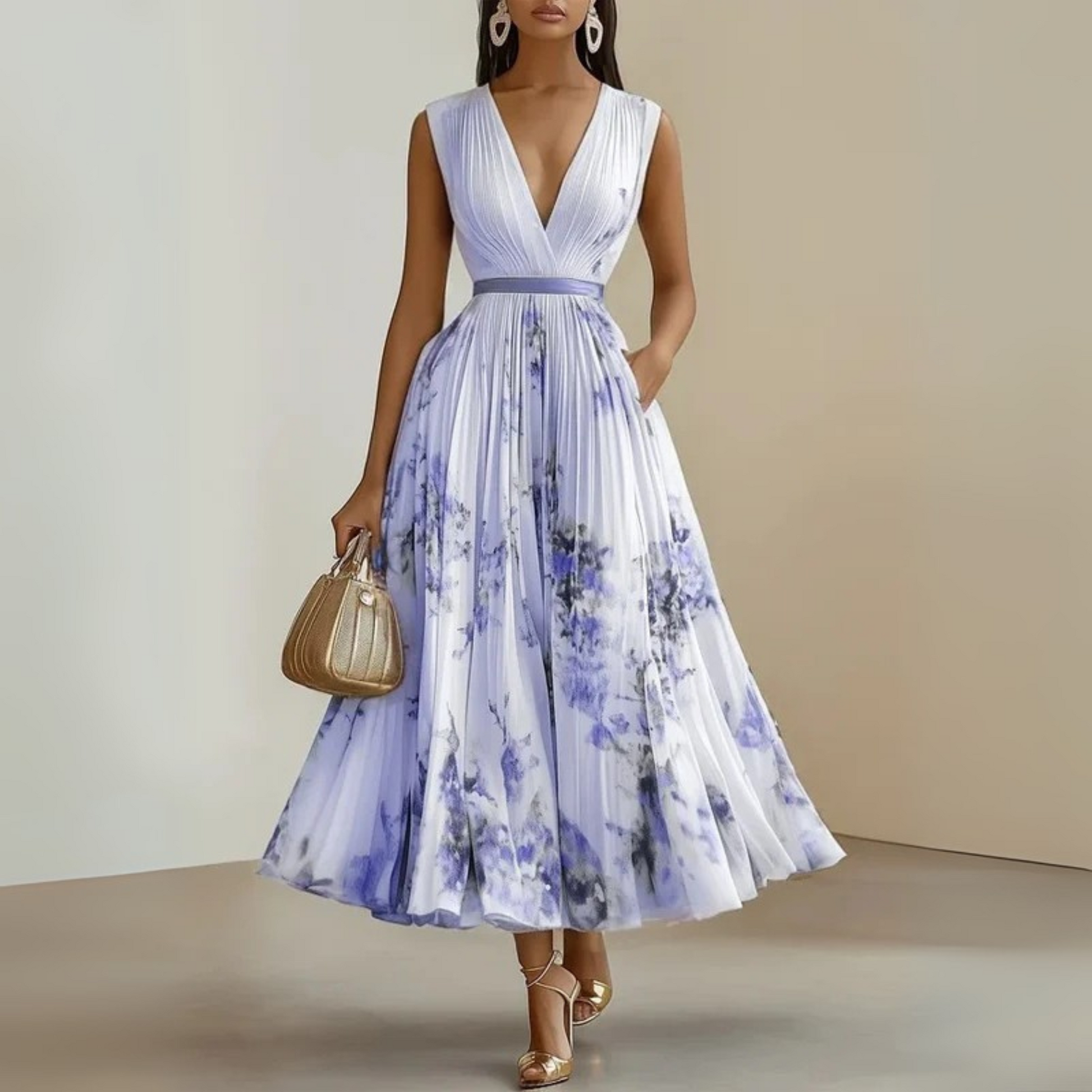 Pleated Sleeveless V-Neck Maxi Dress for Women