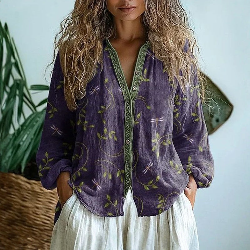 Floral Print V-Neck Long Sleeve Blouse for Women