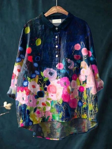 Oversized Button-Down Floral Blouse for Women