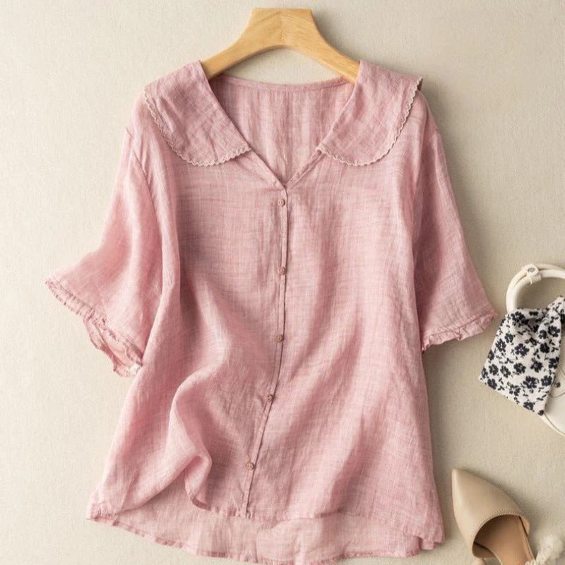 Button-Front Scalloped Collar Blouse for Women