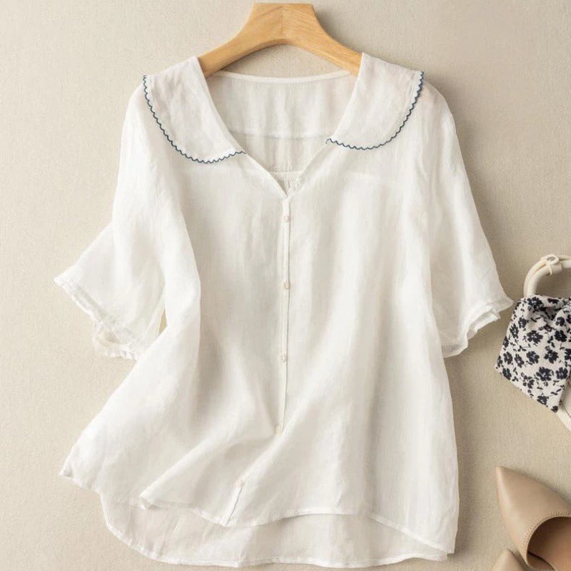 Button-Front Scalloped Collar Blouse for Women