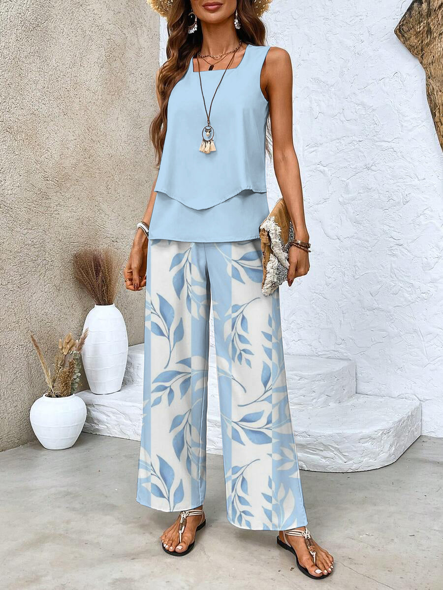 Wide Leg Leaf Print Sleeveless Set for Women