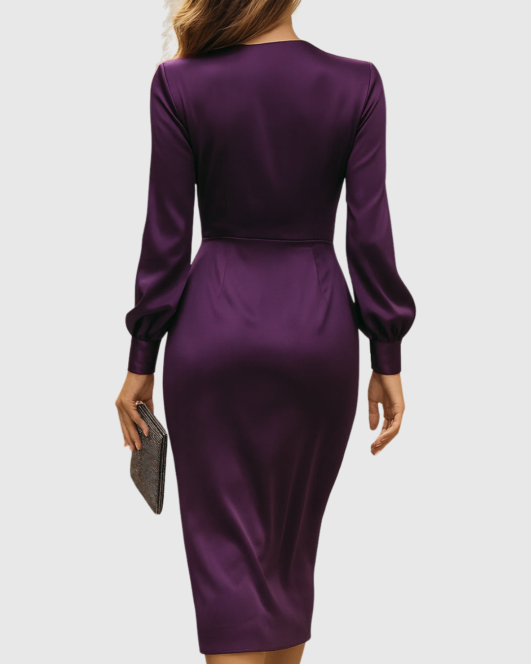 Long Sleeve Satin Wrap Midi Dress for Women