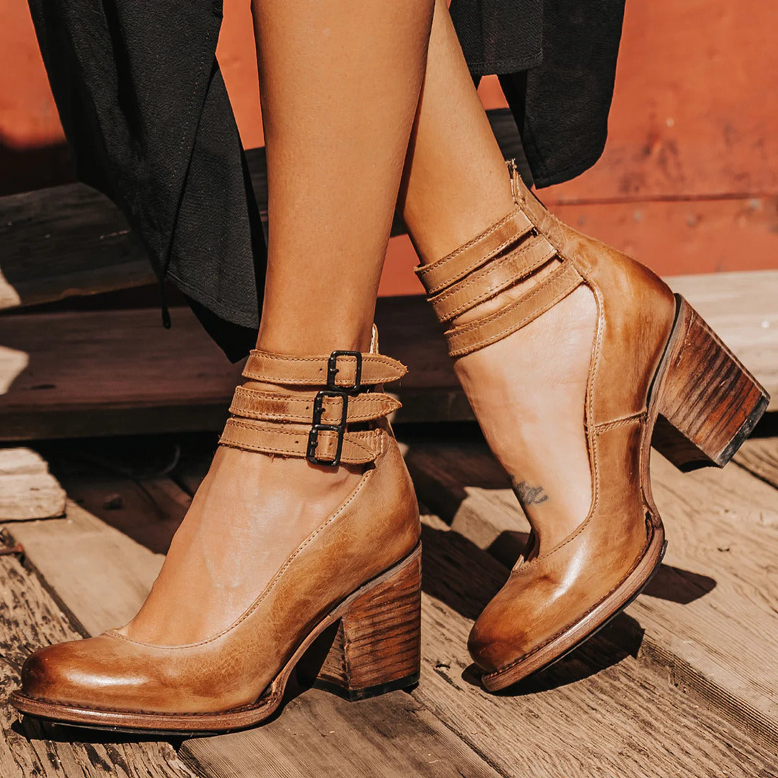 Block Heel Ankle Strap Boots for Women