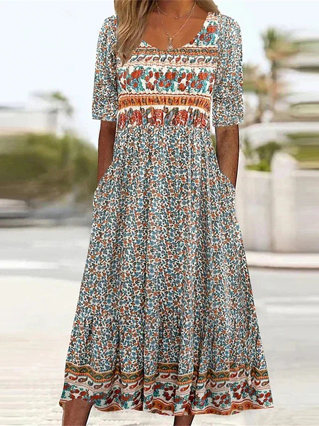 Boho Print A-Line Midi Dress for Women