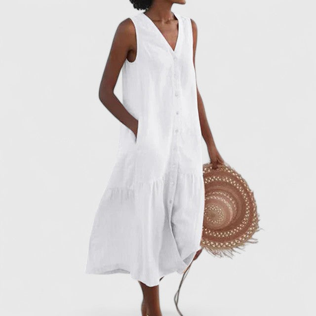 Sleeveless Linen Button-Front Dress for Women