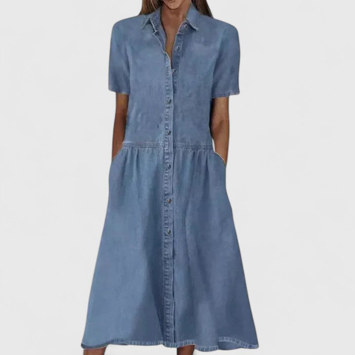 Short Sleeve Denim Shirt Dress for Women