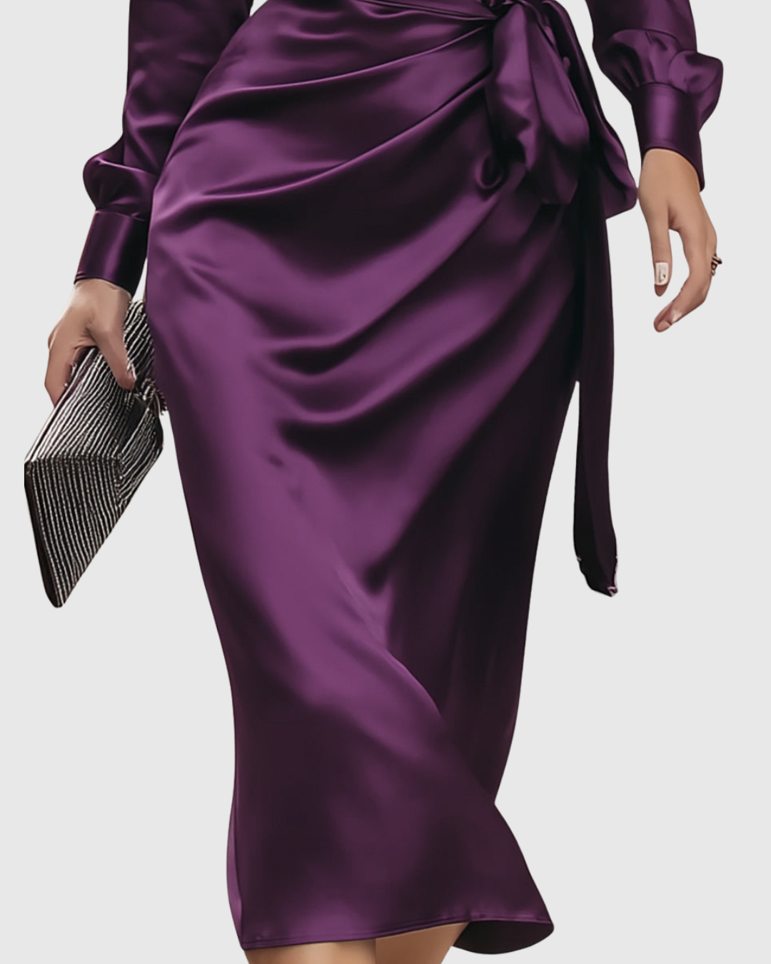 Long Sleeve Satin Wrap Midi Dress for Women