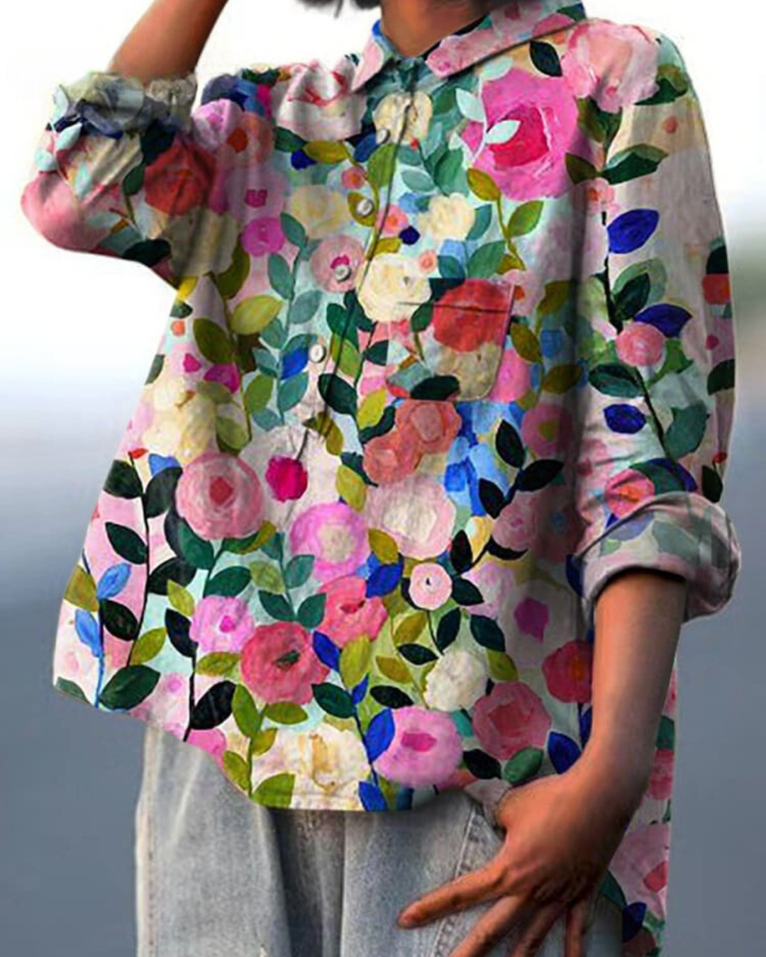 Oversized Button-Down Floral Blouse for Women