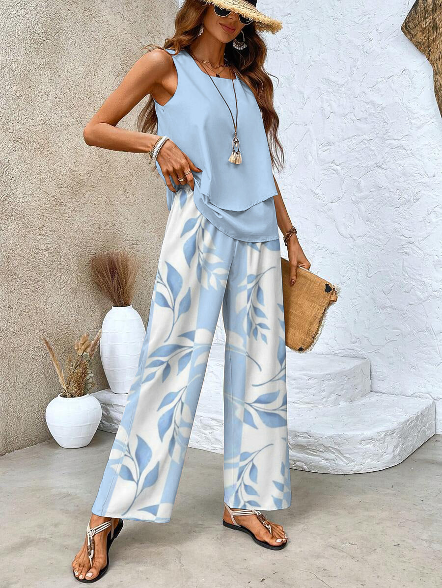 Wide Leg Leaf Print Sleeveless Set for Women