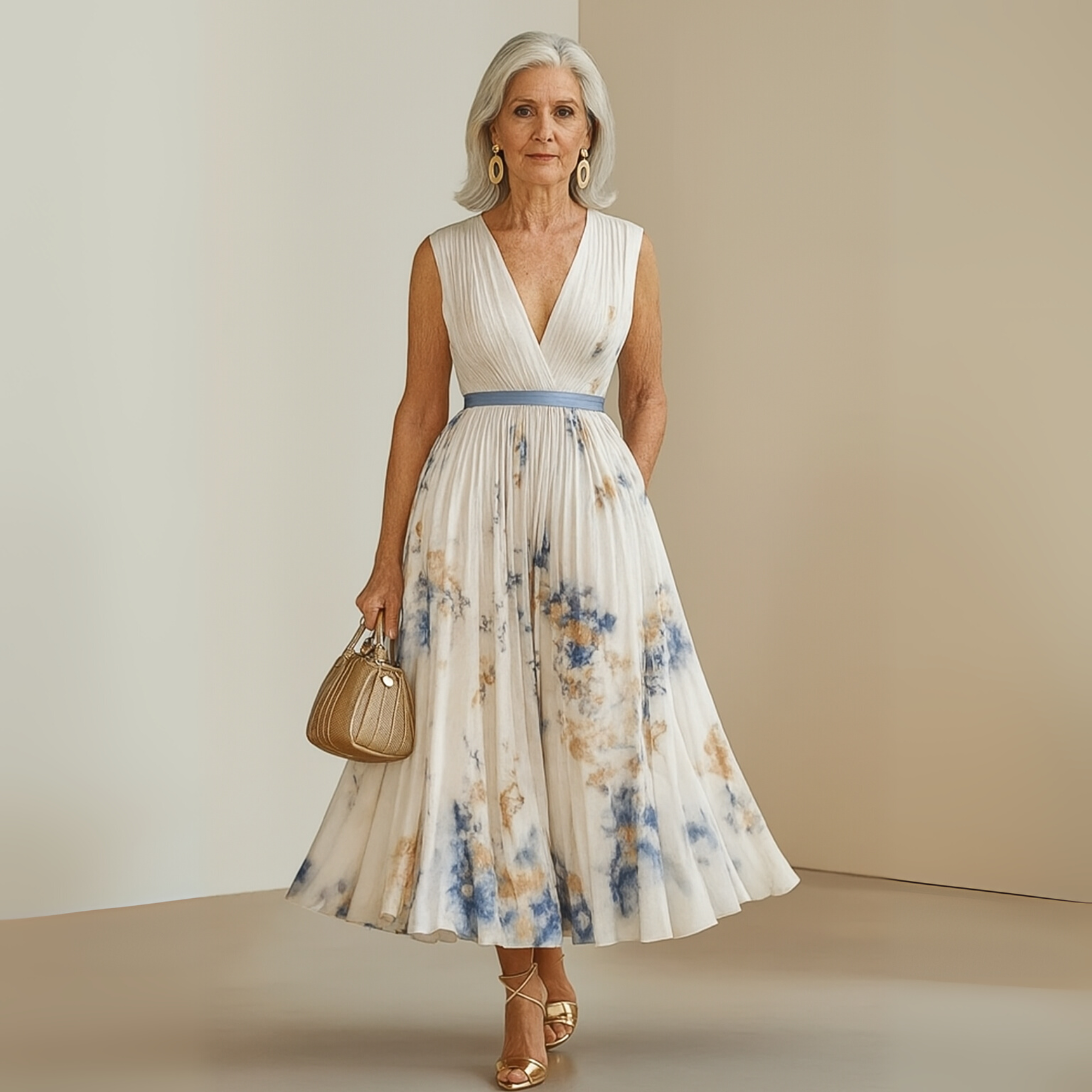 Pleated Sleeveless V-Neck Maxi Dress for Women