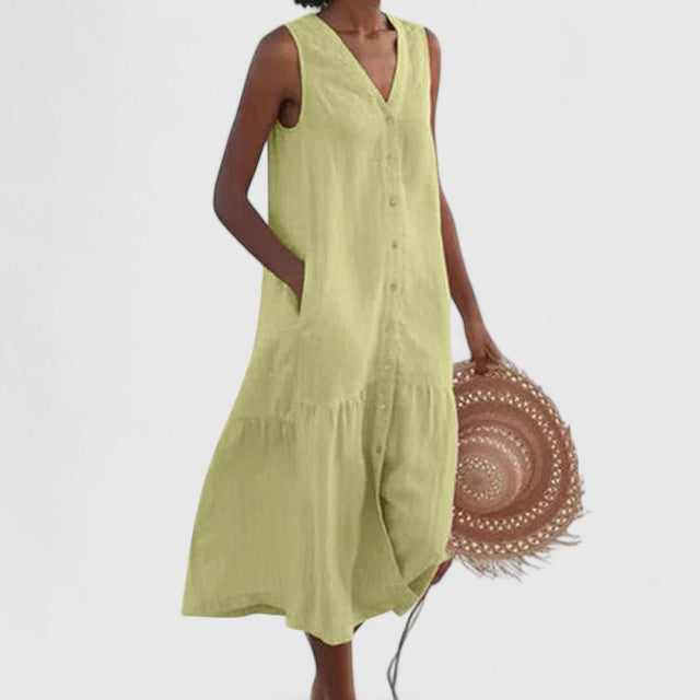Sleeveless Linen Button-Front Dress for Women