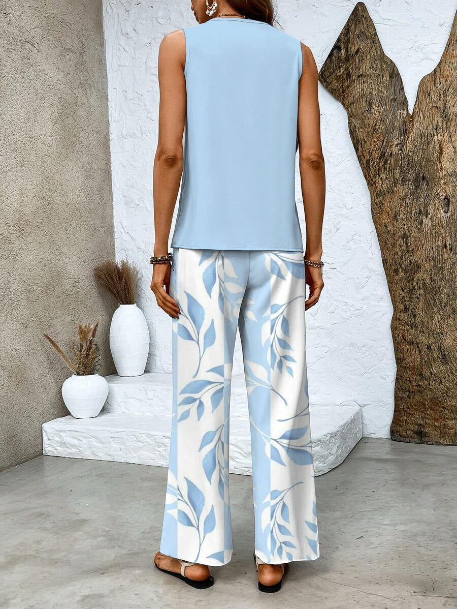 Wide Leg Leaf Print Sleeveless Set for Women