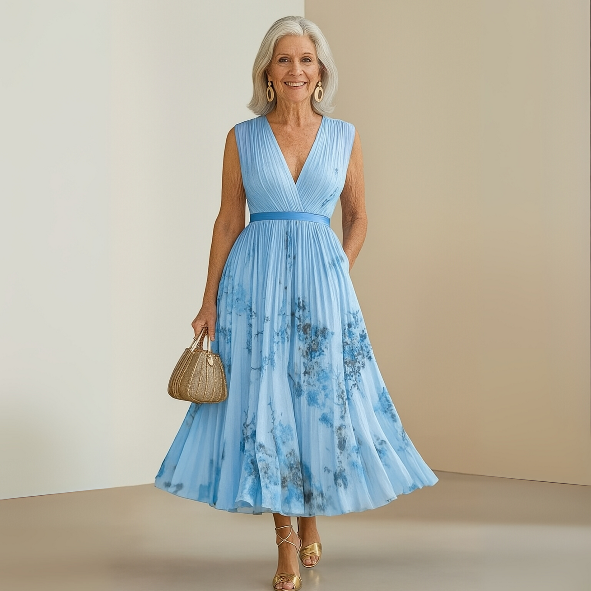 Pleated Sleeveless V-Neck Maxi Dress for Women