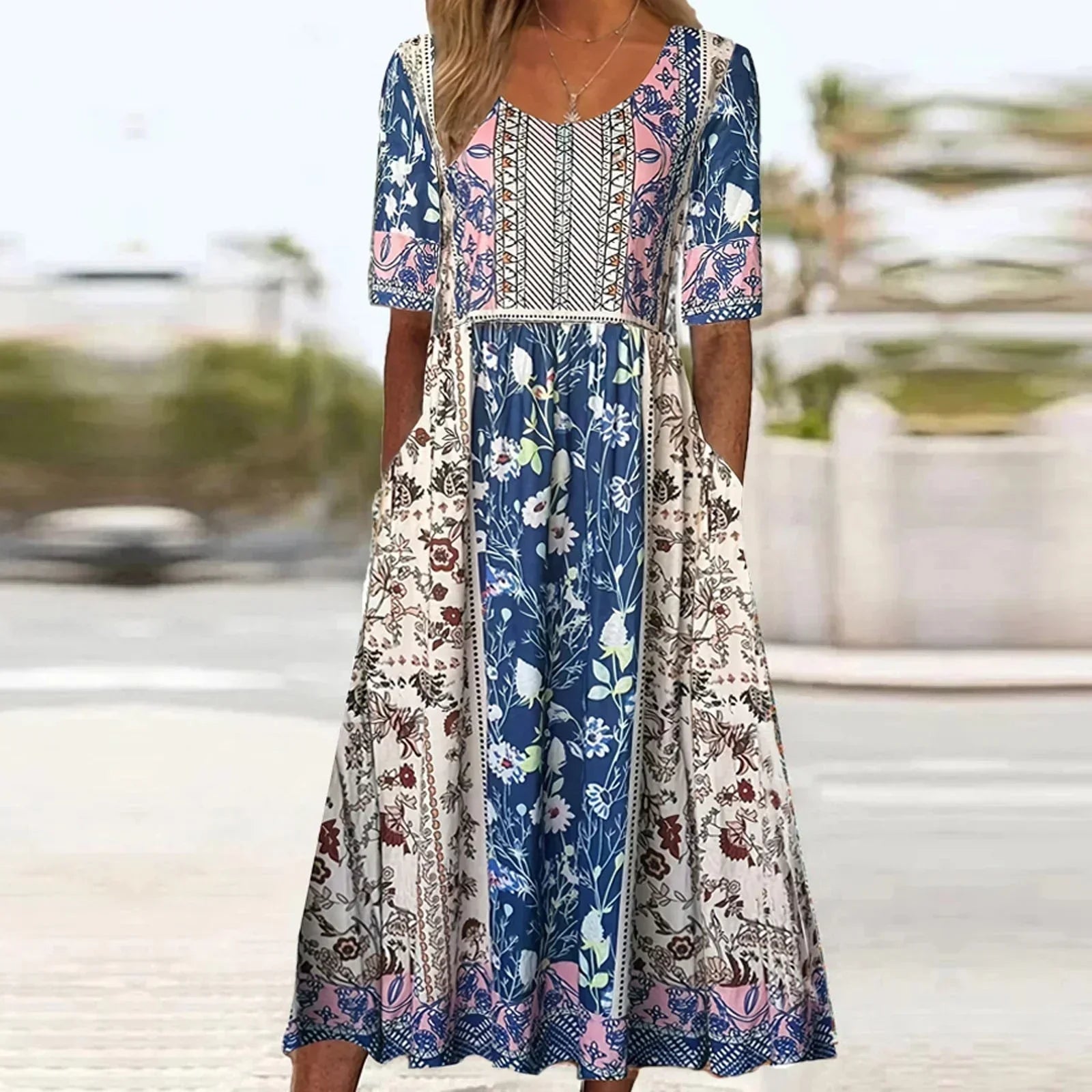 Boho Print A-Line Midi Dress for Women