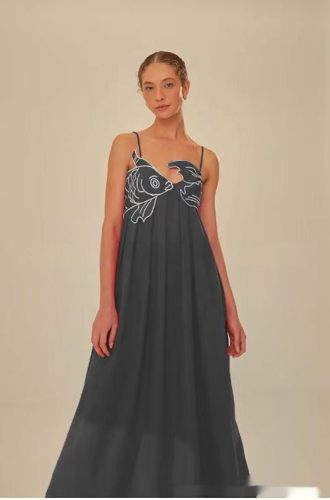 Sleeveless Fish Graphic Maxi Slip Dress for Women
