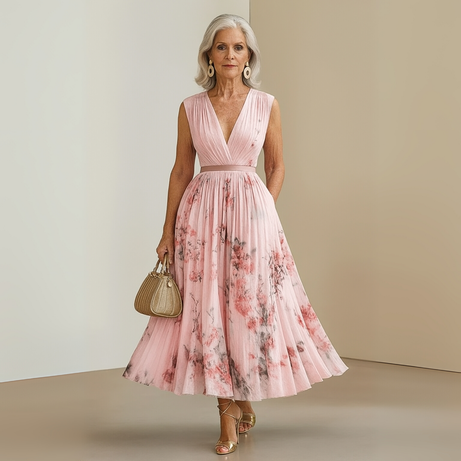 Pleated Sleeveless V-Neck Maxi Dress for Women