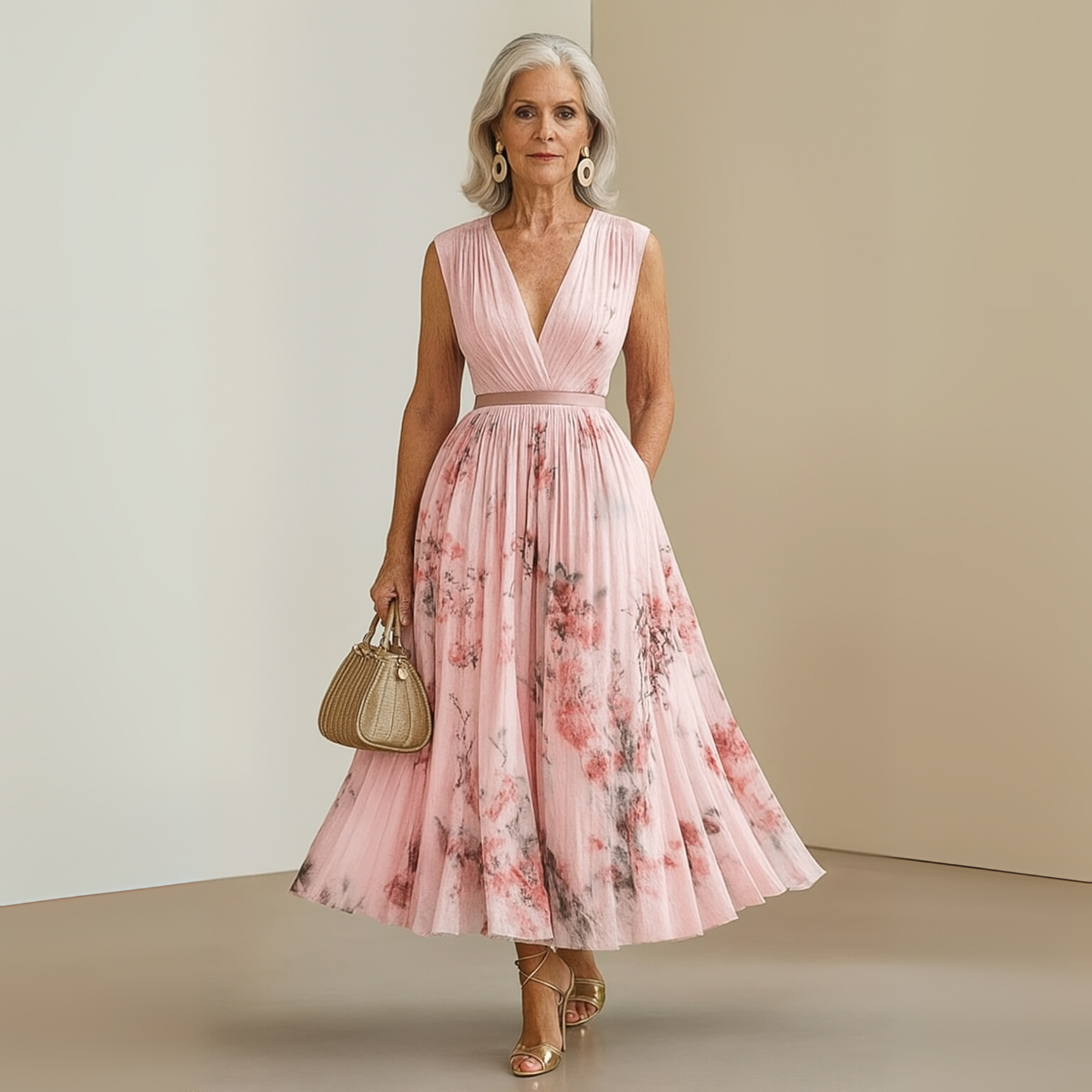 Pleated Sleeveless V-Neck Maxi Dress for Women