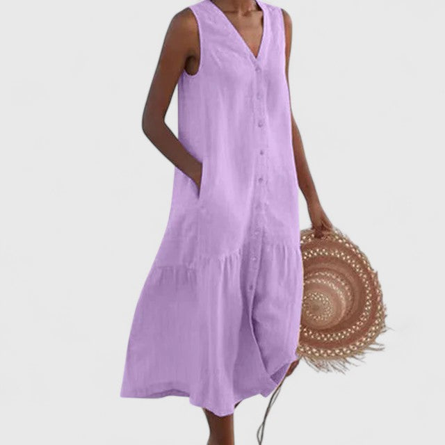 Sleeveless Linen Button-Front Dress for Women