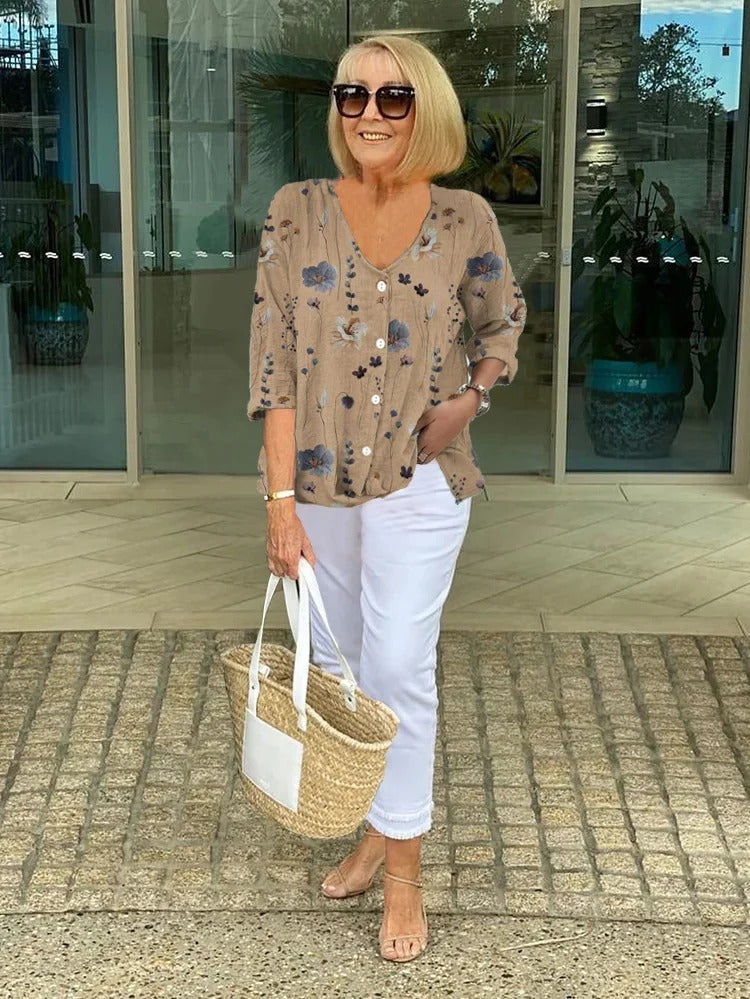 Floral Three-Quarter Sleeve V-Neck Blouse for Women