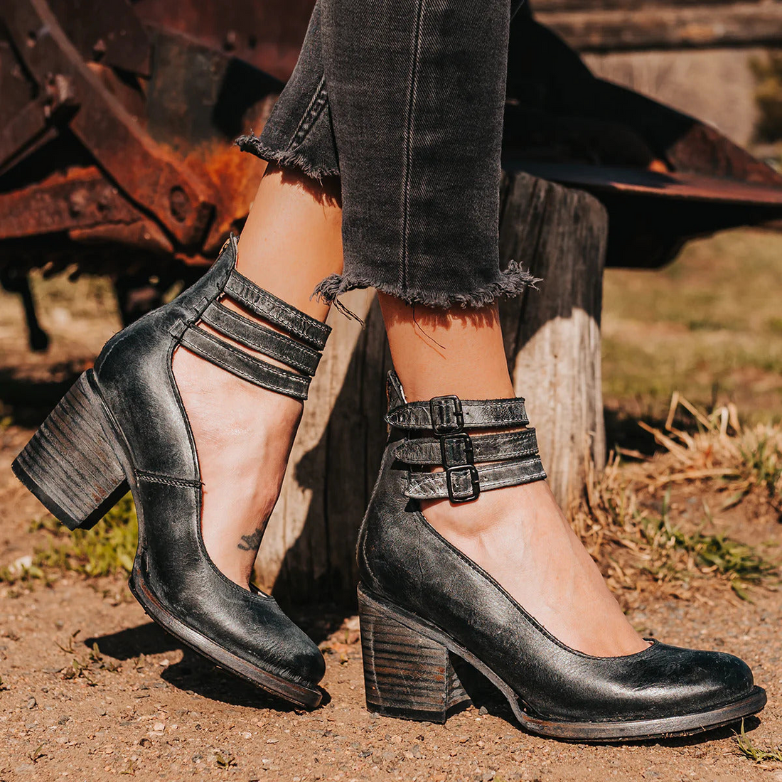 Block Heel Ankle Strap Boots for Women