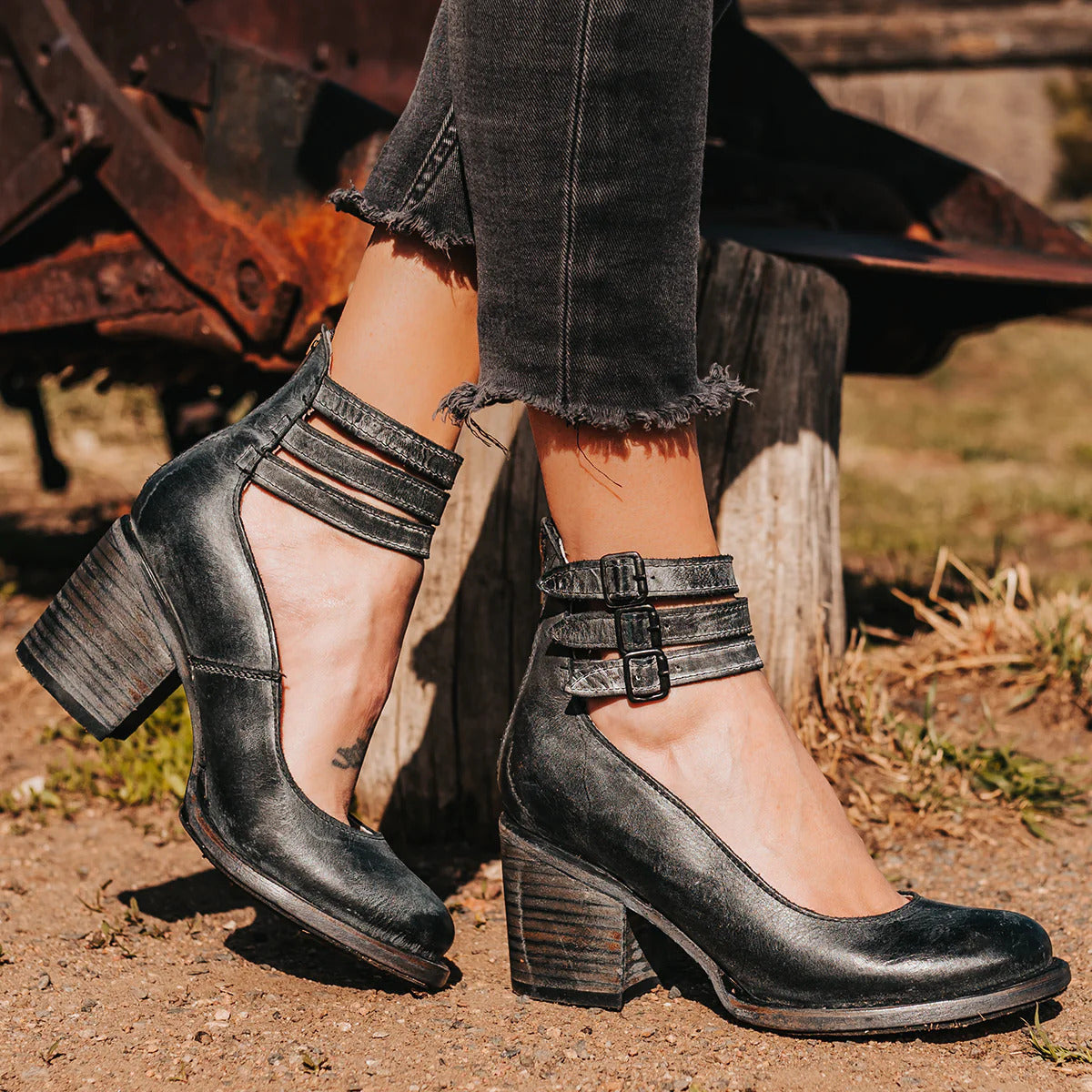 Block Heel Ankle Strap Boots for Women