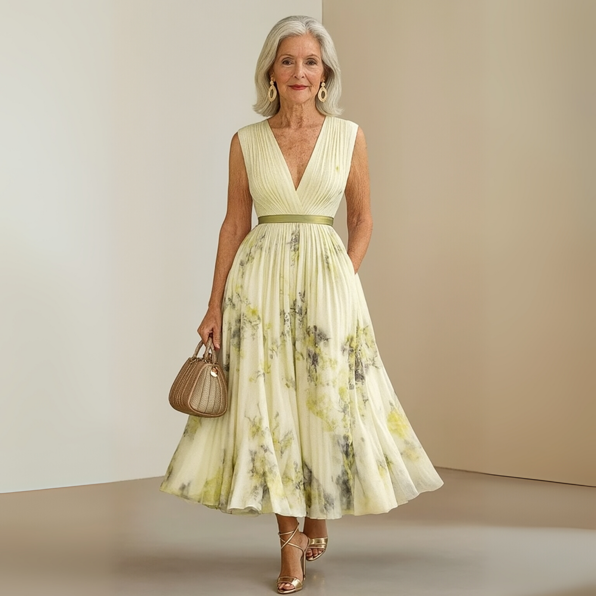 Pleated Sleeveless V-Neck Maxi Dress for Women