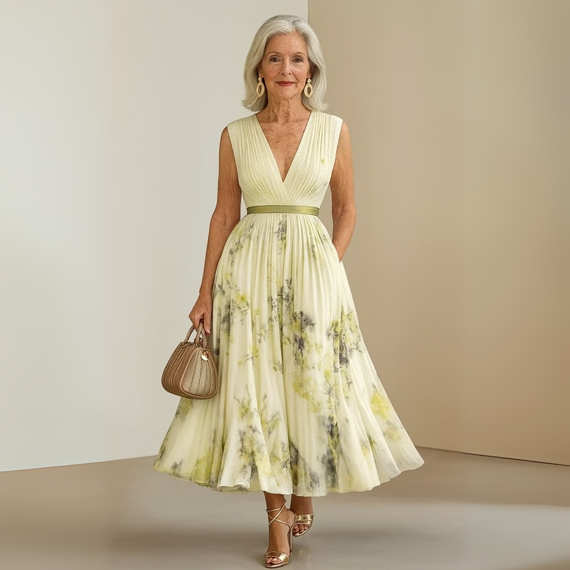 Pleated Sleeveless V-Neck Maxi Dress for Women