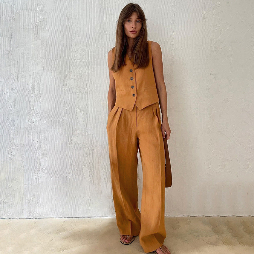 Linen Two-piece Set with Gilet and Trousers for Women