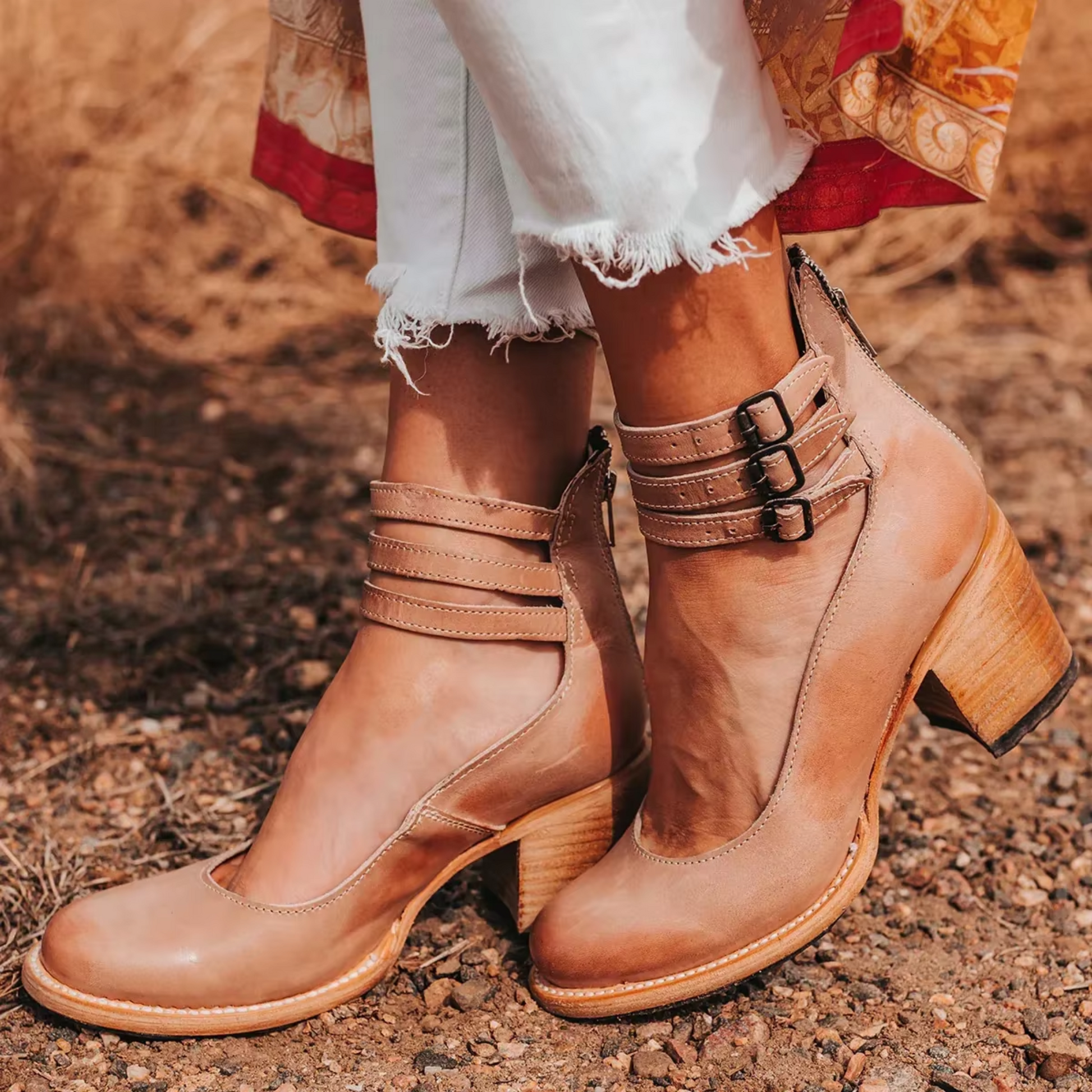 Block Heel Ankle Strap Boots for Women