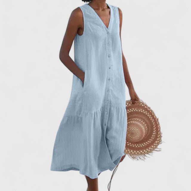 Sleeveless Linen Button-Front Dress for Women