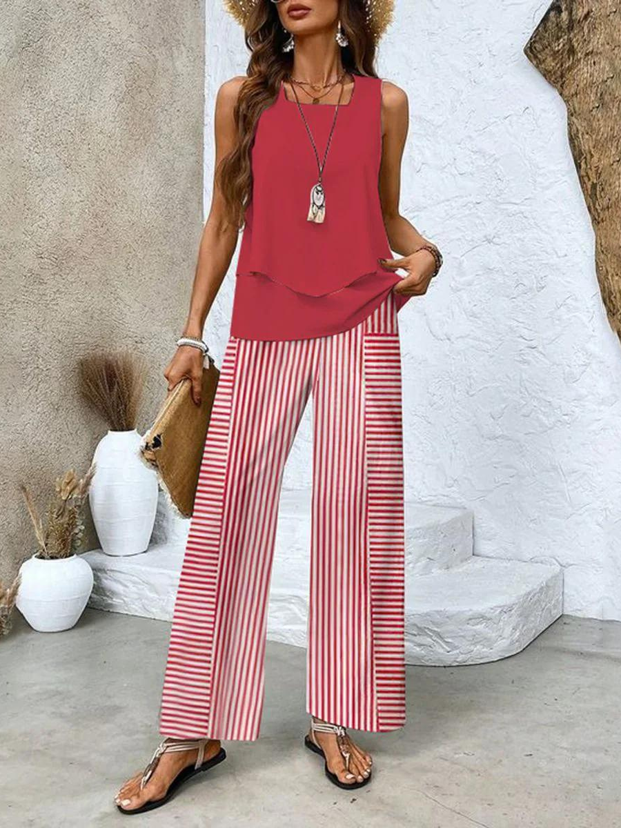 Wide Leg Leaf Print Sleeveless Set for Women