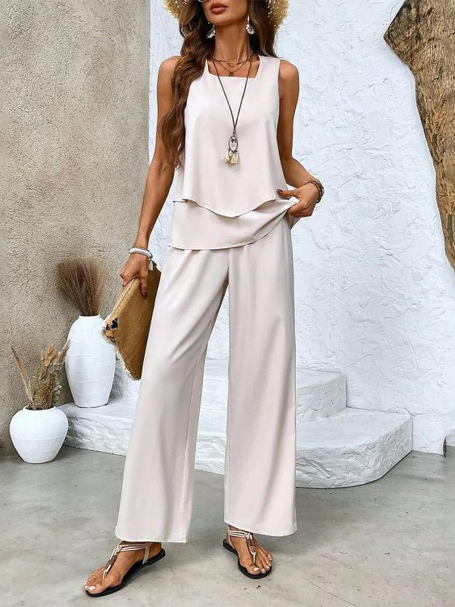 Wide Leg Leaf Print Sleeveless Set for Women
