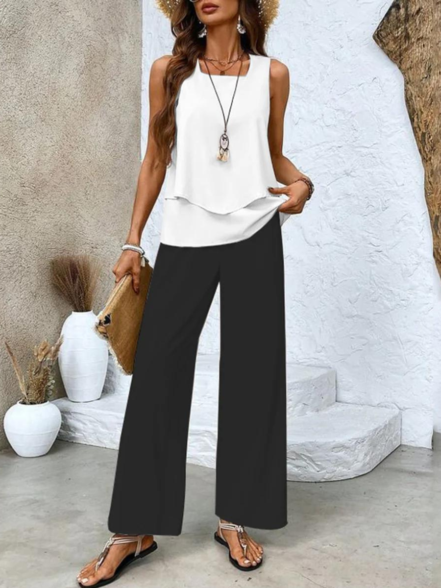 Wide Leg Leaf Print Sleeveless Set for Women