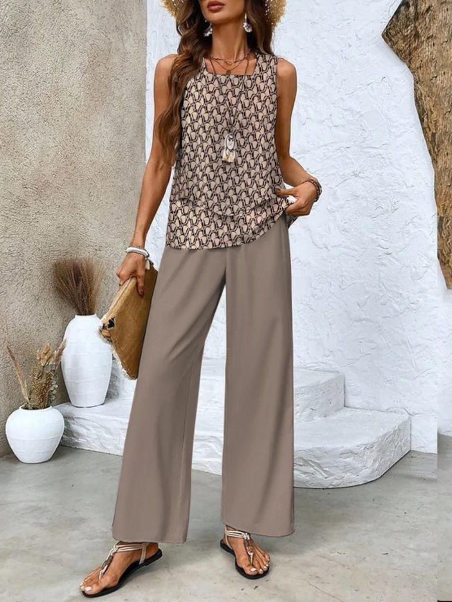 Wide Leg Leaf Print Sleeveless Set for Women