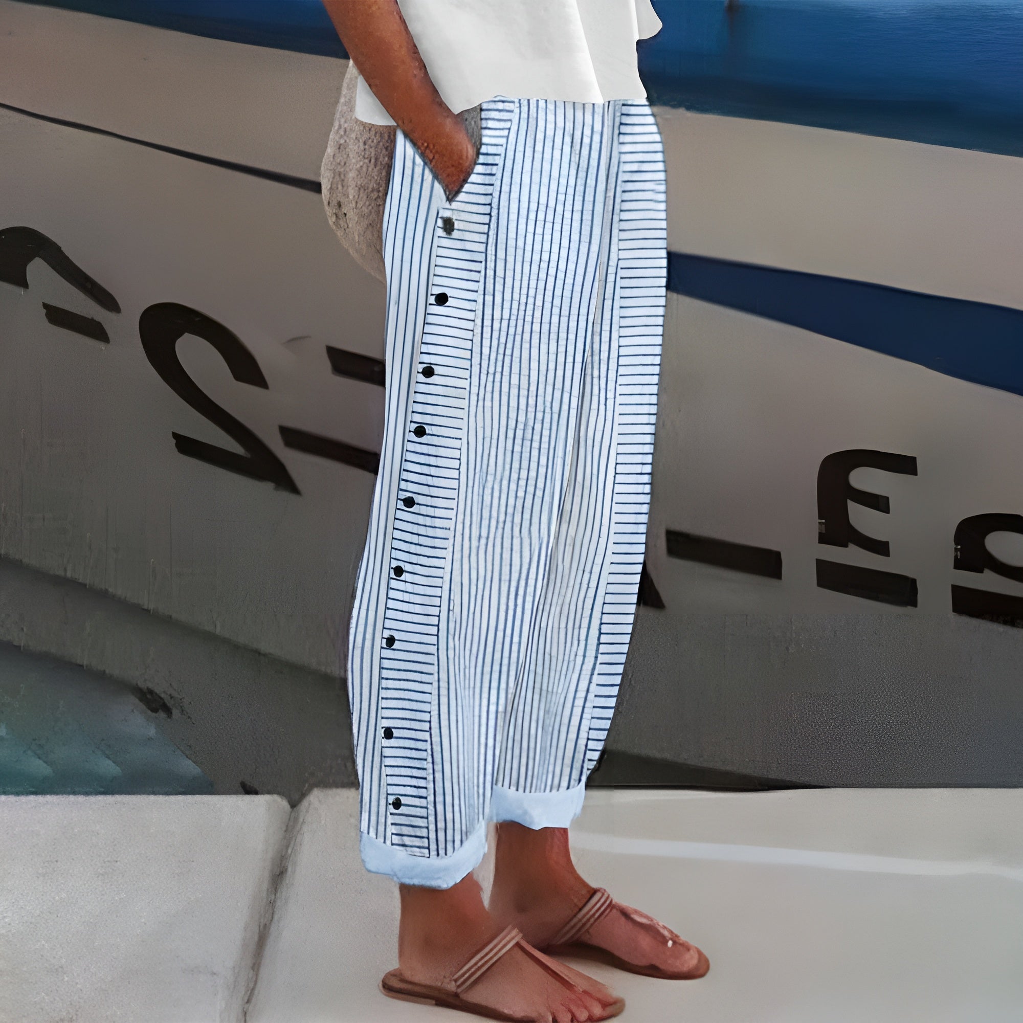 Striped Button Detail Straight Leg Trousers for Women