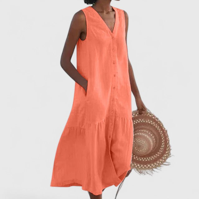 Sleeveless Linen Button-Front Dress for Women