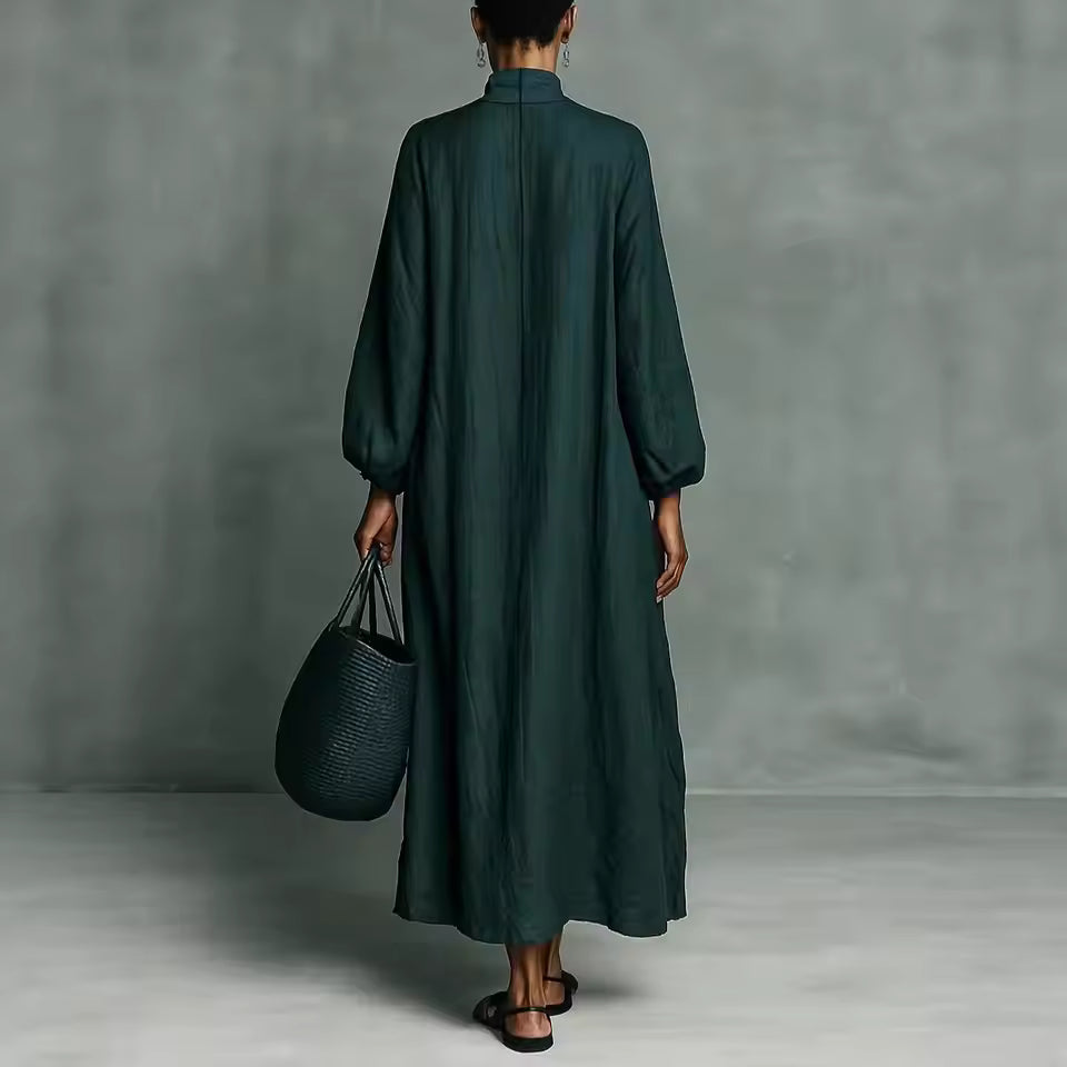 Loose Cotton Linen Maxi Dress with Embroidered Stand Collar for Women