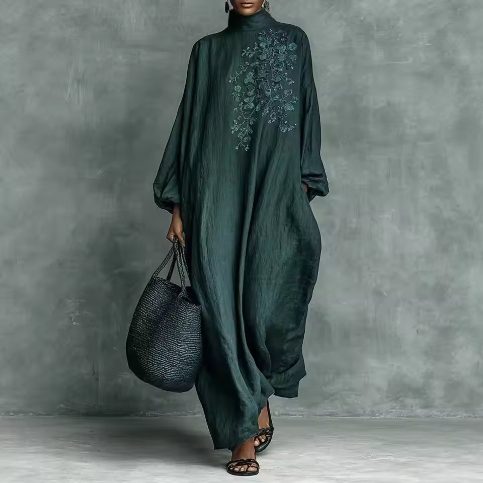 Loose Cotton Linen Maxi Dress with Embroidered Stand Collar for Women - View 4