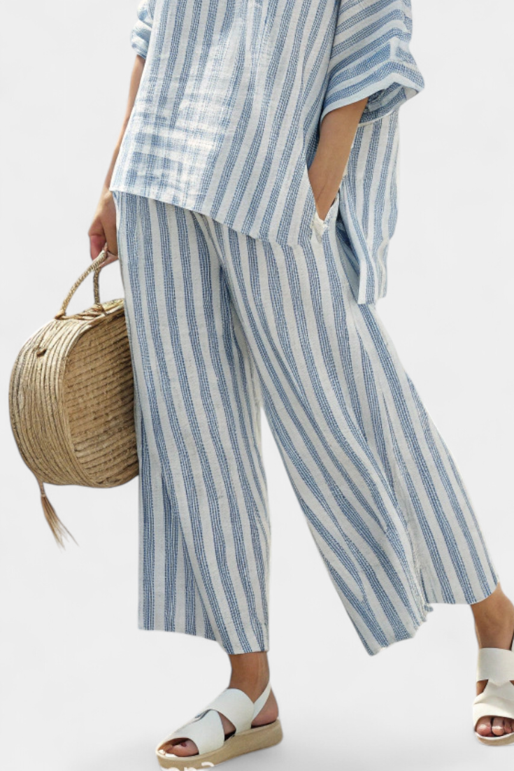 Striped Oversized Linen Top and Wide Leg Pants Set for Women