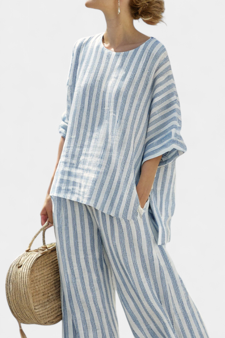 Striped Oversized Linen Top and Wide Leg Pants Set for Women