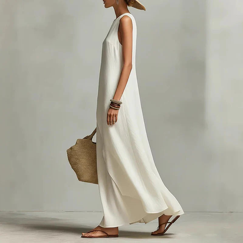 Sleeveless Linen Maxi Dress with Asymmetric Hem for Women