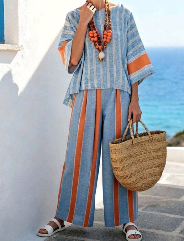 Striped Linen Top and Wide Leg Pants Set with Short Sleeves for Women