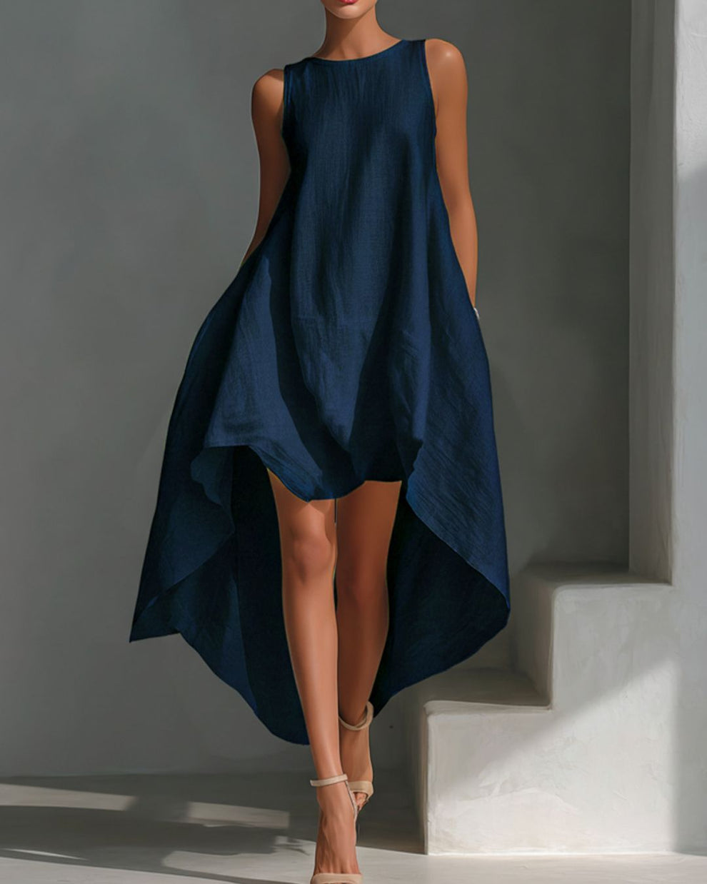 Sleeveless Linen Midi Dress with Asymmetric Hem for Women